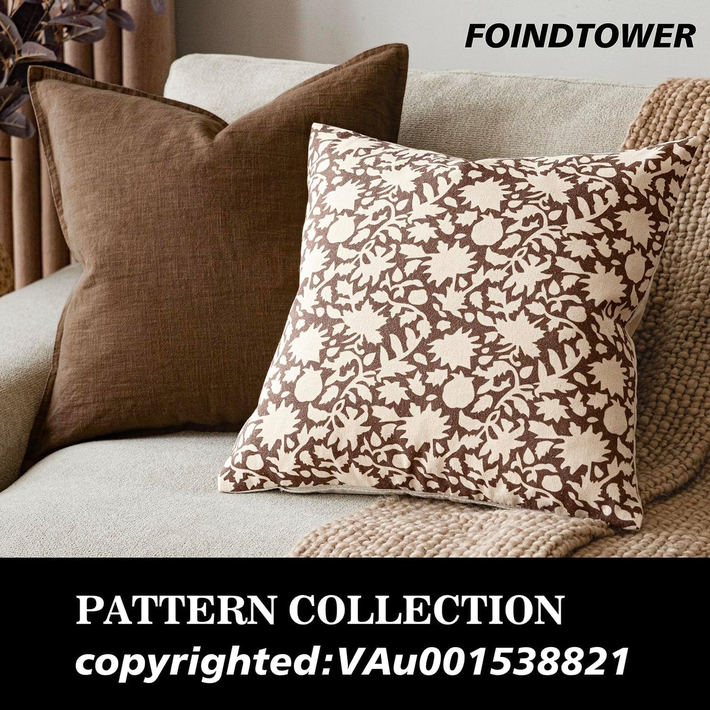 Foindtower Set of 2 Decorative Neutral Floral Throw Pillow Covers Accent Farmhouse Cushion Covers Boho Vintage Pillowcase for Couch Sofa Bedroom Living Room Home Decor Outdoor,22×22 Inch,Brown