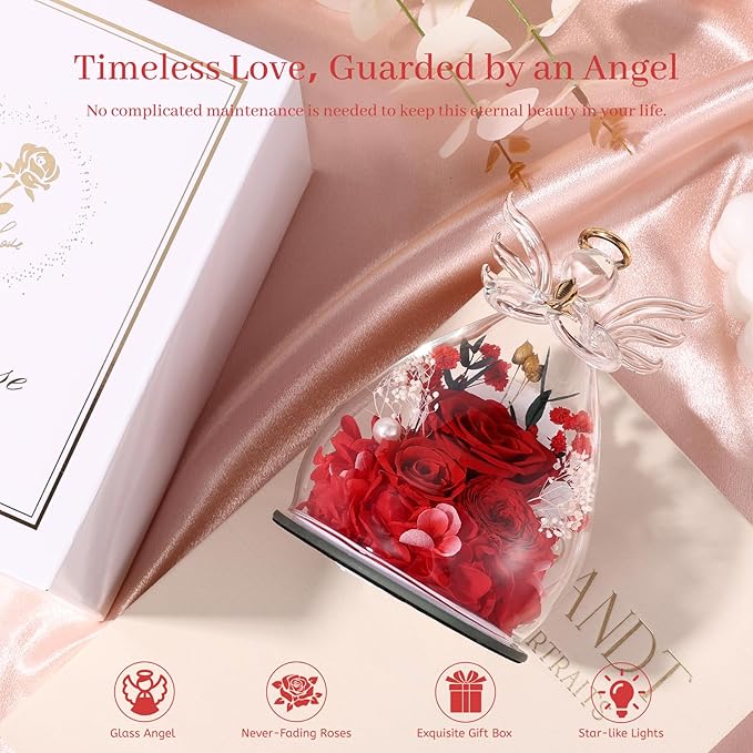 Bessol Gifts for Mom Birthday Flowers for Women Mothers Day Flowers for Delivery Preserved Roses Forever Flower in Glass Angel Figurines Fresh Eternal Rose for Grandma Wife Sister Daughter Friends