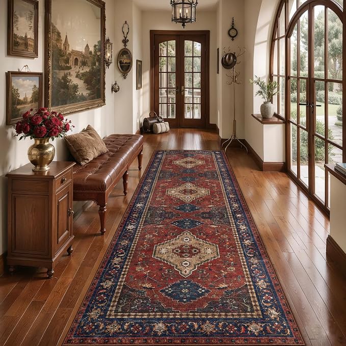 Tangsoo Red Oriental 2.6X8 Washable Runner Rug for Hallways, Non Slip Vintage 8ft Runner Rugs, Soft Low Pile Long Rug Runner, Print Carpet Runners for Kitchen Bedroom Entryway Living Room Red Blue