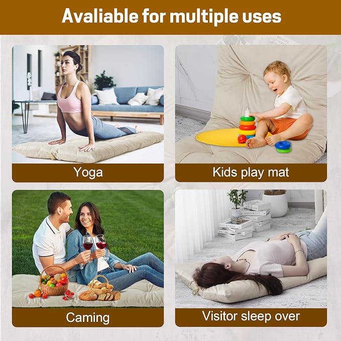 BALAPET Floor Lounger Pillow,Foldable Light Thick Tufted Floor Pillow Cushion with Elasticized Webbing for Easy Storage Floor Lounger for Meditation, Playing, Yoga, Reading, Sleeping(Beige White)