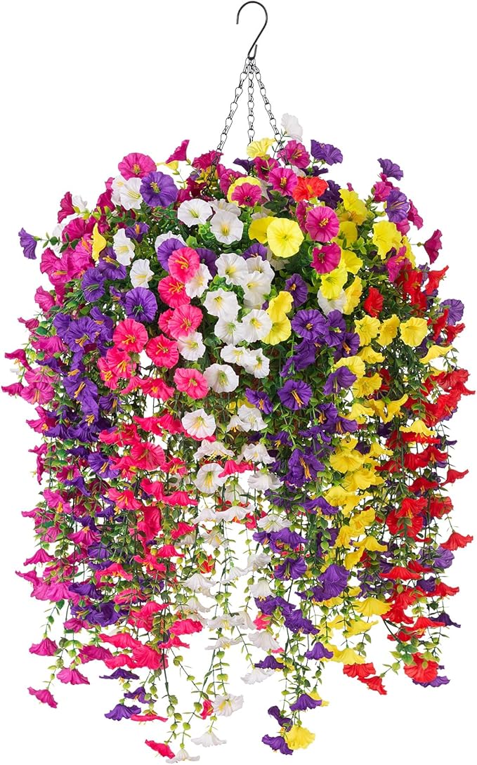 INXUGAO Artificial Flowers with Hanging Basket, Outdoor Faux Plants Silk Morning Glory Vines, Fake Petunias for Garden Patio Spring Summer Decor, 12 pcs Mixed Color