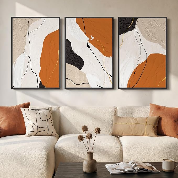 Framed Orange Abstract Wall Art for Living Room, 3 Piece Modern Minimalist Canvas Print Artwork for Walls, Large Neutral Abstract Paintings Picture for Bedroom Office Dining Room Wall Decor, 24x36 In
