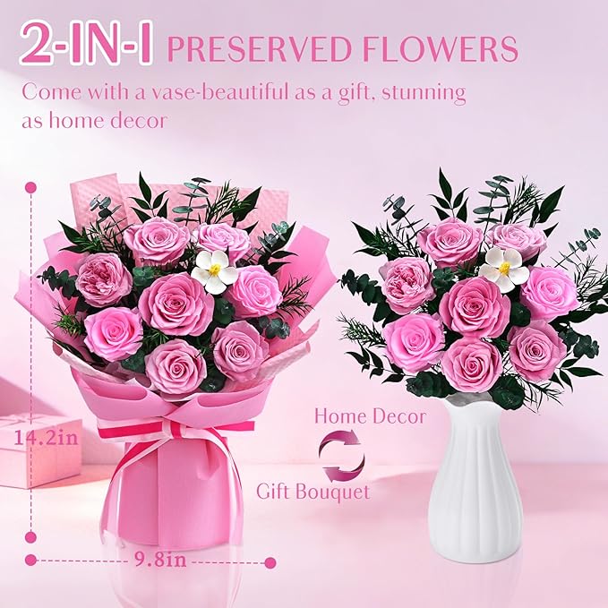 Forever Rose Flowers for Delivery, 8-Piece Preserved Roses Bouquet Birthday Gifts for Women, Long Lasting Purple Roses with Gift Box for Mom, Forever Flowers with Vase for Her Wife Girlfriend