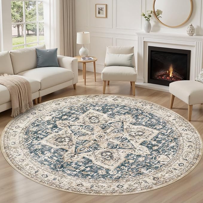 Tortania 10' Round Area Rug Living Room Rugs - Washable Boho Rug Vintage Oriental Distressed Farmhouse Large Thin Indoor Carpet for Bedroom Under Dining Table Home Office - Cream/Blue
