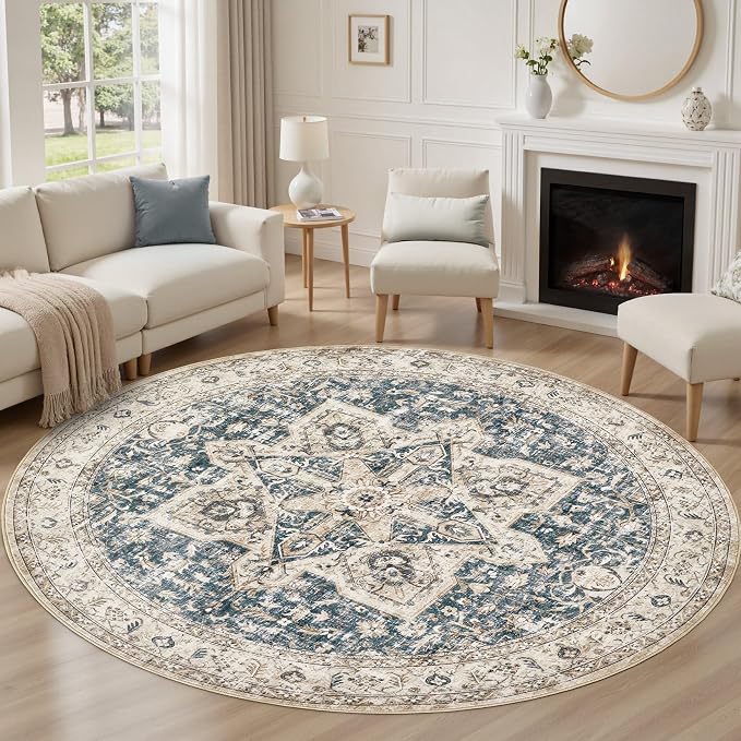Tortania 7' Round Area Rug Living Room Rugs - Washable Boho Rug Vintage Oriental Distressed Farmhouse Large Thin Indoor Carpet for Bedroom Under Dining Table Home Office - Cream/Blue