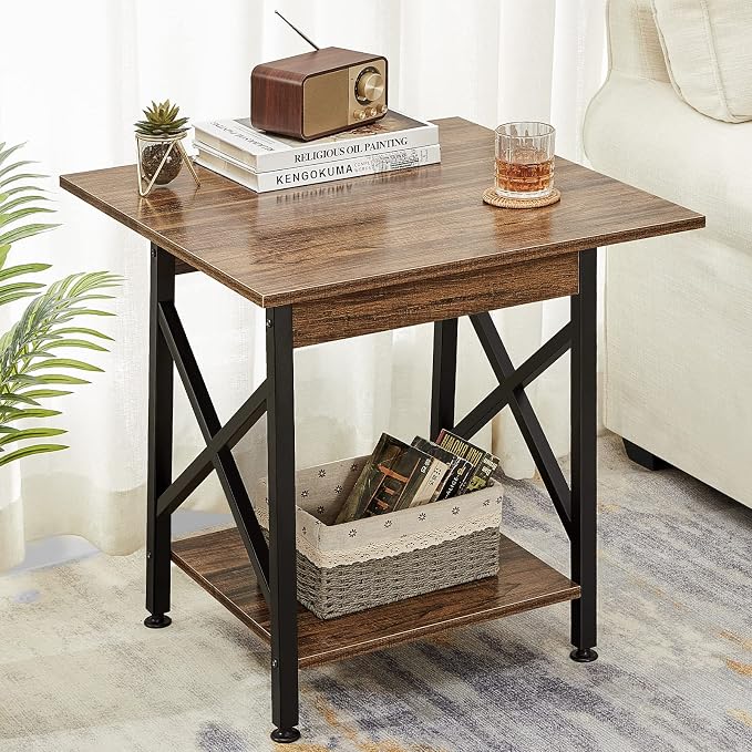 GreenForest Coffee Table with Round Corner and End Table 24 inch for Living Room Walnut