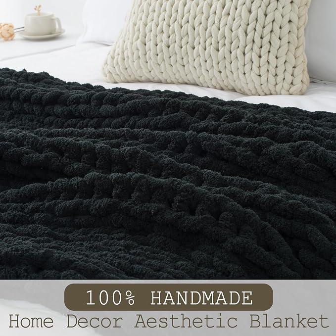 Chunky Knit Throw Blanket 50x60, 100% Handmade Chenille Yarn | 4.4lbs Soft Thick Cable Knitted Blankets, Large Rope Knot Crochet Throws for Couch Sofa Bed Machine Washable, Black