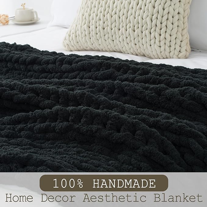 Chunky Knit Throw Blanket 60x80, 100% Handmade Chenille Yarn | 6.7lbs Soft Thick Cable Knitted Blankets, Large Rope Knot Crochet Throws for Couch Sofa Bed Machine Washable, Black