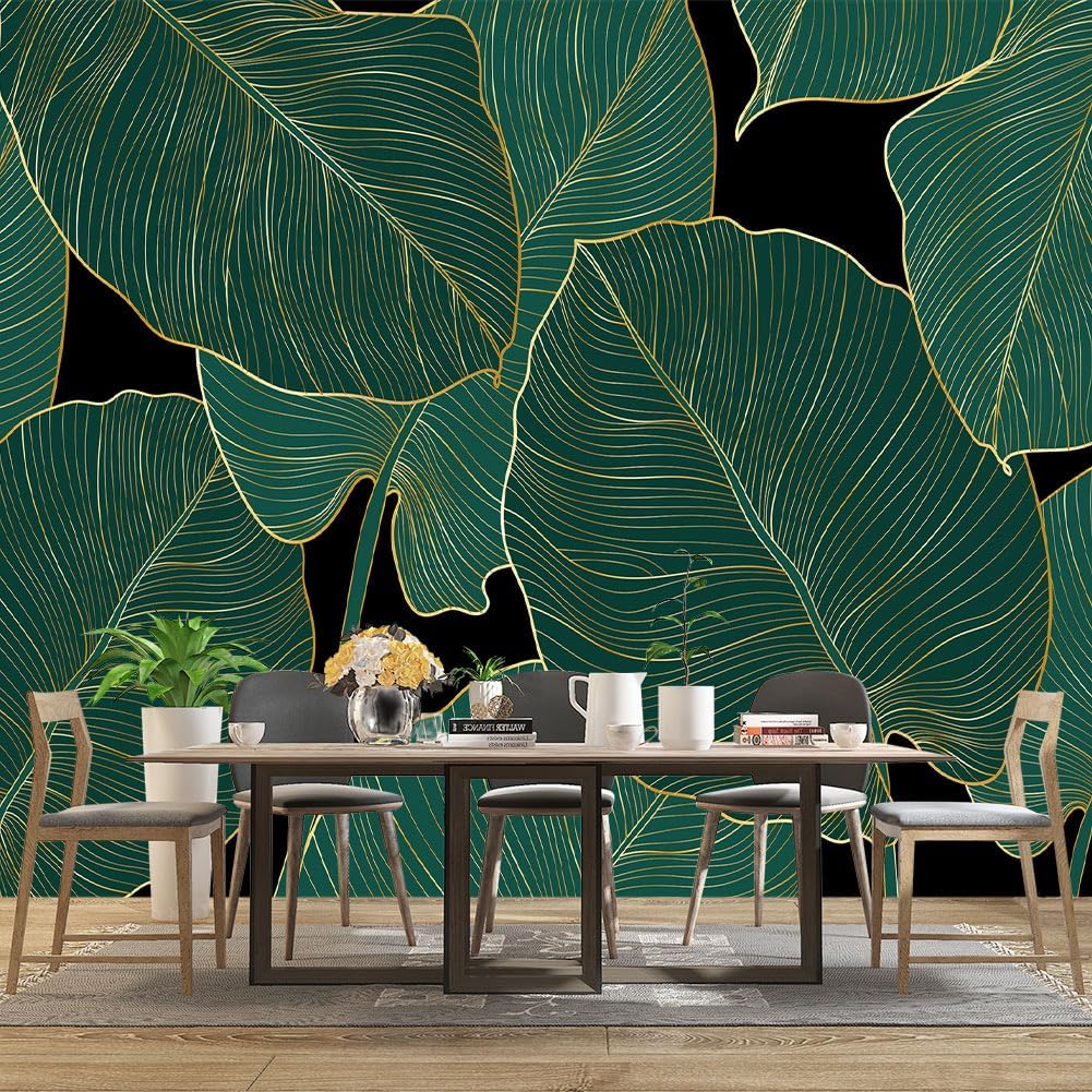 Black and Gold Leaf Mural Bedroom Tropical Green Botanical Wallpaper Room Plant Decor Living Room tv Background Large Wall Mural - 137"x96" (Not Peel and Stick)