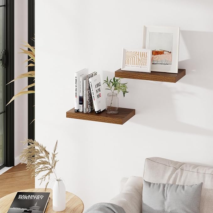 16 inch Floating Shelves for Wall, Walnut Wooden Floating Shelves, 9.3in Deep Rustic Wall Shelves for Bathroom Living Room Kitchen Bedroom Bookshelf Storage & Organizer, 16 x 9.3 x 1.5 in, 2 Packs