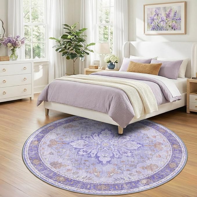 RELEANY Area Rugs Round 7ft Washable Non-Slip, Floral Vintage Distress Print Pattern Medallion Carpet for Living Room Bedroom Dining Room, Light Purple Brown