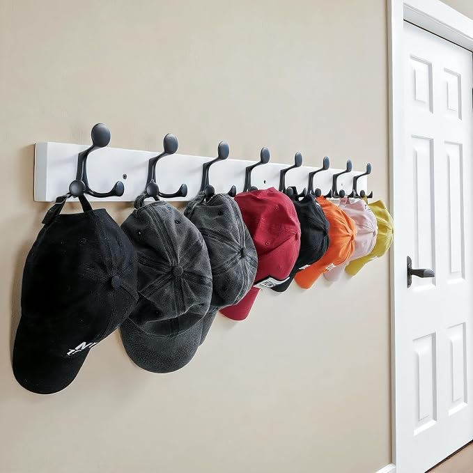 WEBI Coat Rack Wall Mount,43" Solid Wood Coat Hooks Wall Mounted Coat Hanger,16" Hole to Hole,Heavy Duty Hook Rack Rail,8 Triple Hooks for Hanging Coats,Jacket,Clothes,Hat,Backpack,White,2 Packs