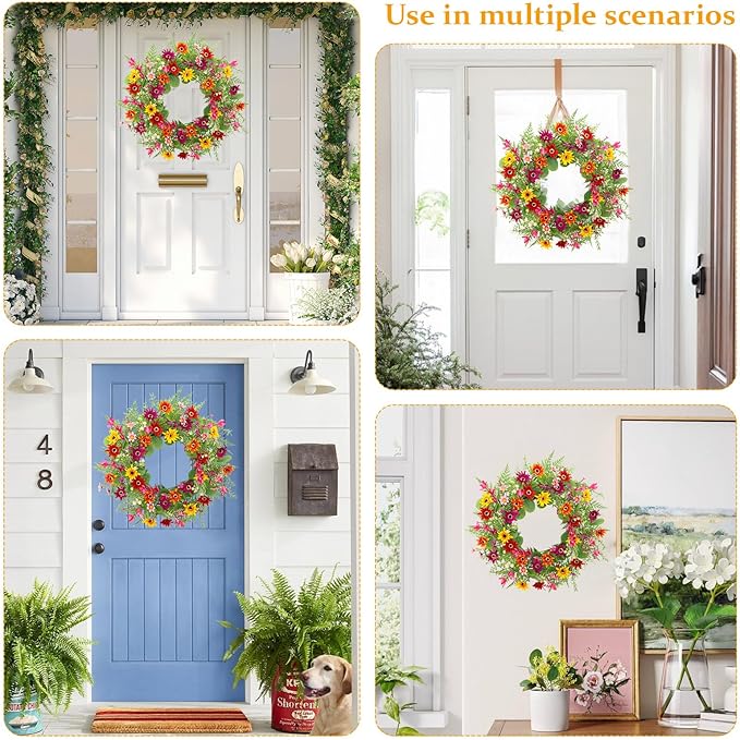 Spring Summer Wreaths for Front Door,22 Inch Artificial Spring Summer Daisy Wreath with Wildflowers,Ferns,Eucalyptus Leaves for Indoor Outdoor Wall Porch Festival Farmhouse Home Holiday Decor.