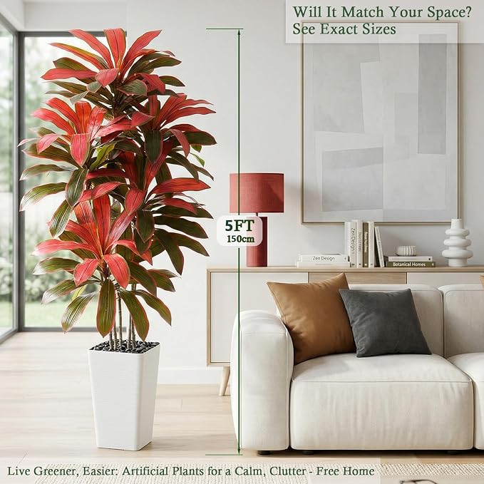 Artificial Dracaena Tree：5FT Faux Silk Tropical Yucca Floor Trees Realistic Fake Green Plant with Natural Wood Trunk & Lifelike Leaves for Home Office Decor Indoor & Outdoor (5FT,1-Pack,White)