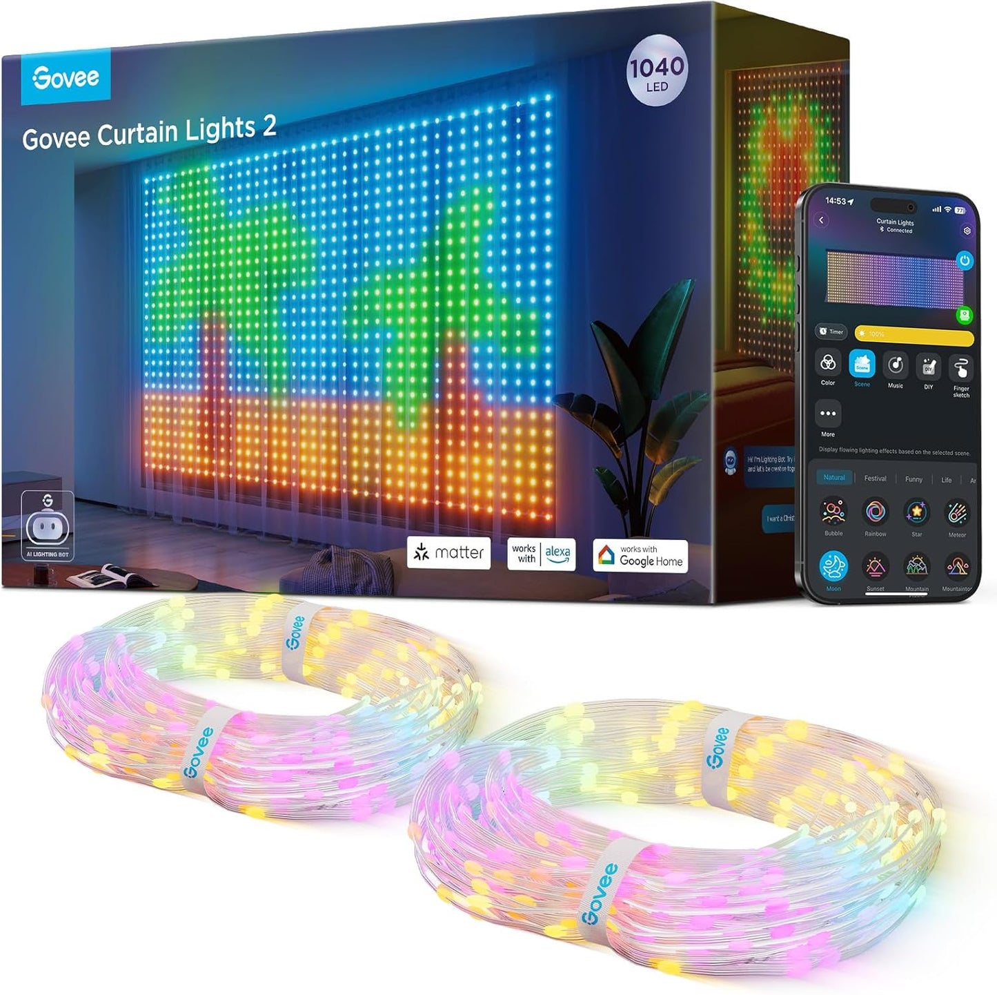 Govee Curtain Lights 2, Smart LED Curtain Light with DIY GIF AIGC, 1040 LEDs, RGBIC Color Changing Christmas Lights for Holiday Bedroom Window Dynamic Decor, Outdoor IP65 Waterproof, 9.8×6.6ft