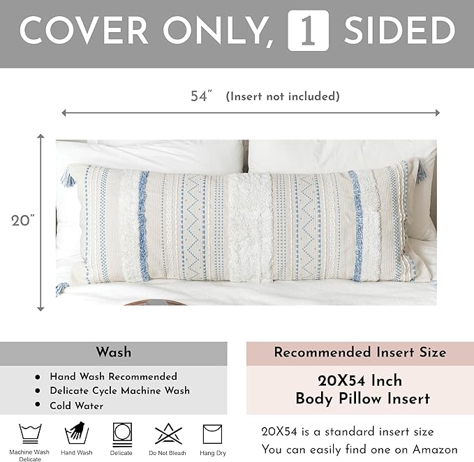 BlissBlush 20X54 Oversized Large Lumbar Pillow Cover for Bed, Rectangular Long Decorative Throw Pillowcase, Cotton Boho Accent Cushion with Blue Tufted Pattern and Tassels, Cream Neutral (Cover Only)