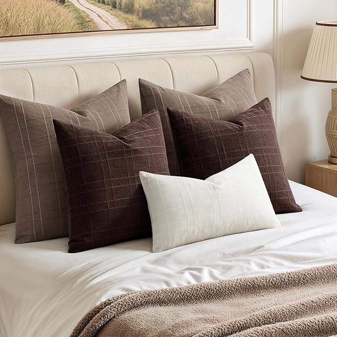 MIULEE Decorative Linen Check Throw Pillow Covers Neutral Farmhouse Vintage Pillow Covers 18x18 Set of 2 Boho Modern Winter Home Decor for Sofa Couch Bedroom Cushion Dark Brown