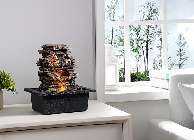 MAOCHI Tabletop Water Fountain, Home Décor Soothing Sound Machine with Automatic Pump, Deep Basin and Natural River Rocks. Indoor Zen Relaxation for Office, Living Room, or Bedroom Décor.