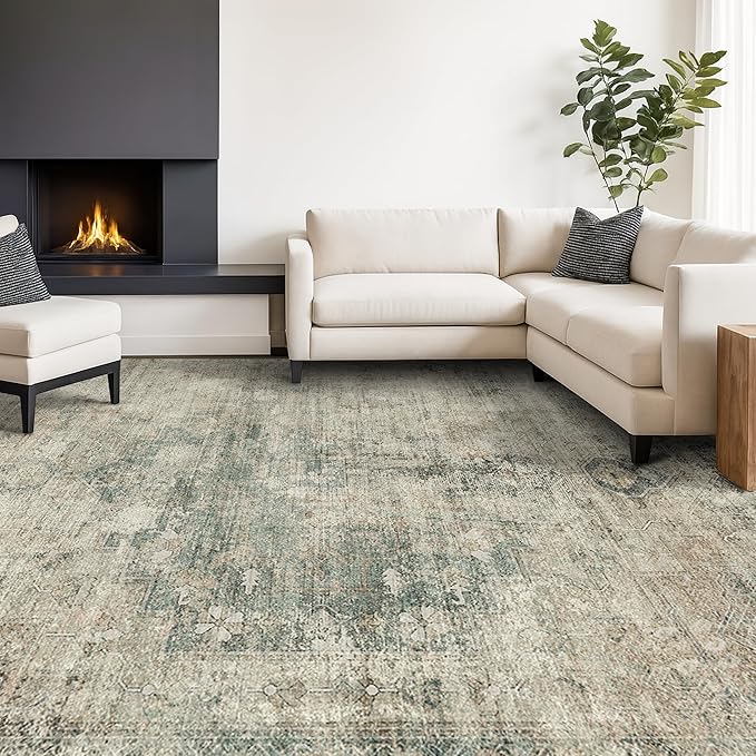Hazo Haus Washable Moss Green 10x12 Area Rug for Living Room, Large Vintage Farmhouse Rug for Bedroom & Dining Room Under Table, Non-Slip Soft Low-Pile Stain Resistant