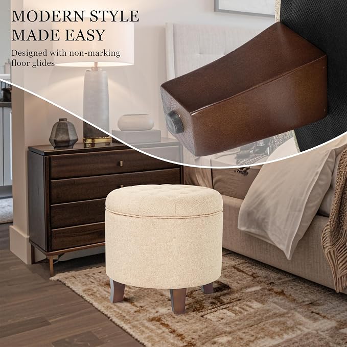 HomePop 19" Button Tufted Round Storage Ottoman - Tan Woven