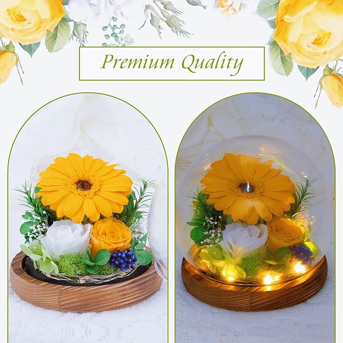 MOKOQI Sunflower Gifts for Women Mom Valentines Day Gifts for Her Preserved Real Flowers in Glass Dome with LED Strip, Forever Flowers Gifts for Wife Girlfriend Mom on Mother Day Birthday Christmas