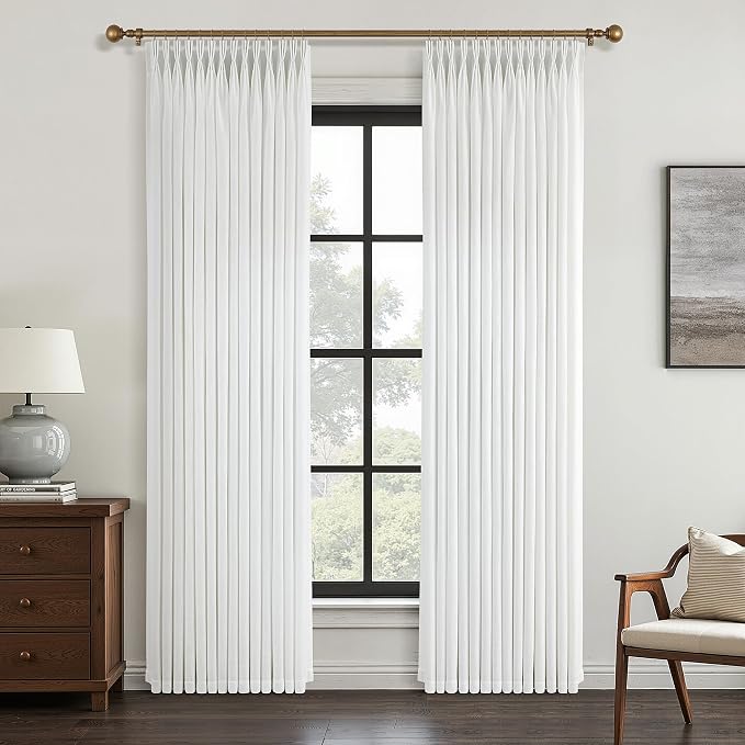 White Pinch Pleated Linen Curtains 96 Inch 2 Panels for Living Room Bedroom Pinch Pleat Curtain & Drapes Ivory Beige Semi Sheer Light Filtering Privacy Curtains 96 Inch Length for Sliding Glass Door