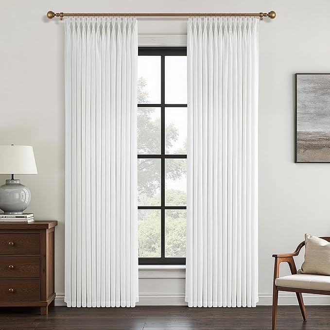102 Inch Long White Pinch Pleated Linen Curtains 2 Panels Set for Living Room Bedroom Pinch Pleat Curtains Ivory Cream Semi Sheer Light Filtering Privacy Curtain 102 Inch Length for Sliding Door