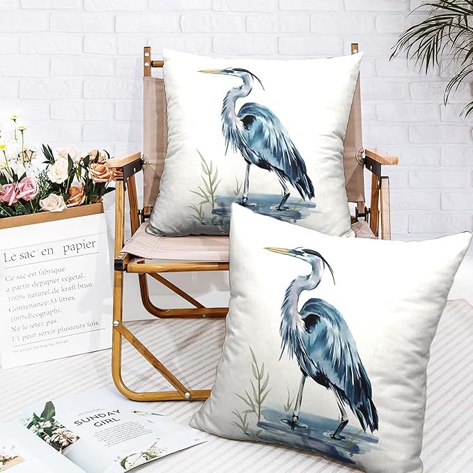 Watercolor Heron Pillow Covers Pelican Throw Pillow Covers 18x18 Set of 2 Summer Bird Pattern Double Sided Printing Pillow Case for Farmhouse Patio Living Room, Cotton Linen
