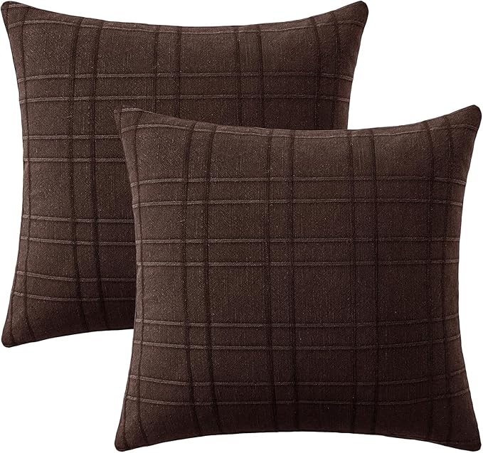 MIULEE Decorative Linen Check Euro Shams Throw Pillow Covers Neutral Farmhouse Vintage Pillow Covers 24x24 Set of 2 Boho Modern Winter Home Decor for Sofa Couch Bedroom Cushion Dark Brown