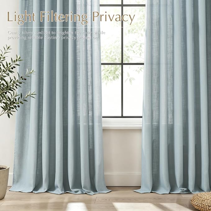 Memory Trained Dusty Blue Triple Pinch Pleated Curtains 2 Panels 40x63 Linen Blend Light Filtering Privacy Drapes with Hooks Back Tab for Track System Bedroom Study Minimalism Neutral Decor