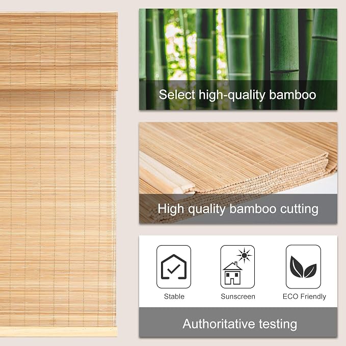 LazBlinds Cordless Bamboo Roman Shades for Windows, 31'' W x 60'' H | Natural Light Filtering Bamboo Window Blinds, Bamboo Blinds for Bedroom Living Room Office Indoor