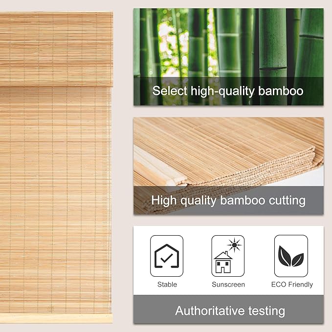 LazBlinds Cordless Bamboo Roman Shades for Windows, 33'' W x 60'' H | Natural Light Filtering Bamboo Window Blinds, Bamboo Blinds for Bedroom Living Room Office Indoor