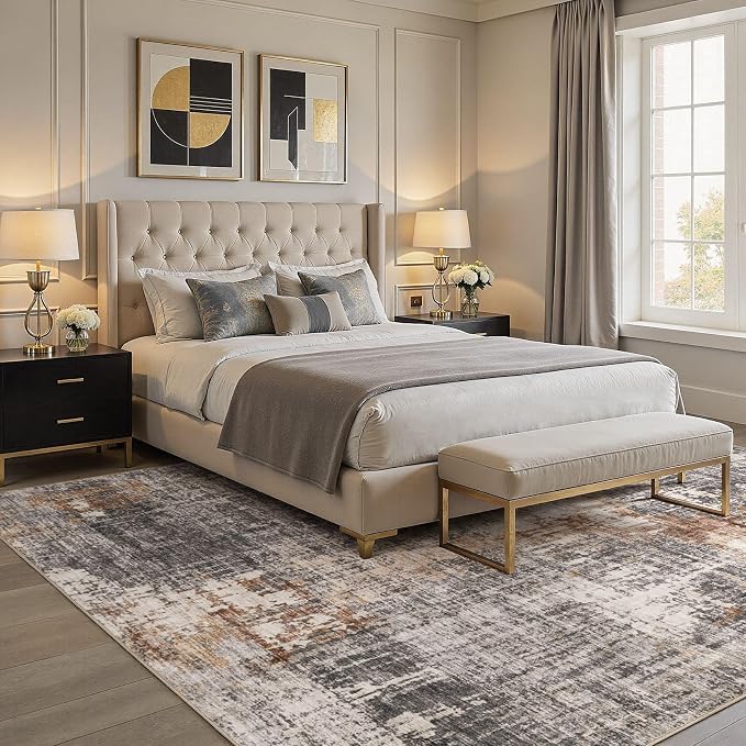 DMOYEST Area Rug Living Room Rugs - 10x14 Washable Large Soft Indoor Neutral Modern Abstract Low Pile Rug Carpet for Bedroom Dining Room Farmhouse Home Office - Grey Brown