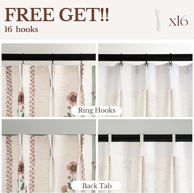 Pinch Pleated Nursery Curtains Luxury Pink Sheer Floral Curtains for Girls Room Bedroom Living Room - 102 Inch Length Modern Farmhouse Floral Printed Drapes with Hooks - 2 Panels Set