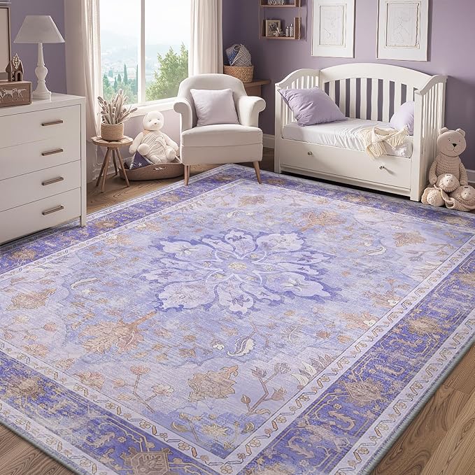 RELEANY Area Rugs 4'x6' Washable Non-Slip, Floral Vintage Distress Print Pattern Medallion Carpet for Living Room Bedroom Dining Room, Light Purple Brown