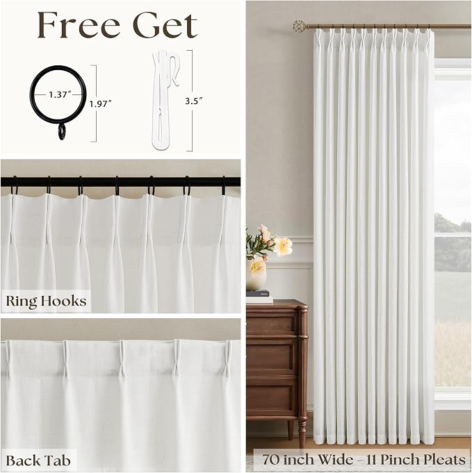 102 Inch Long Curtains Extra Wide 70 Inch Width Pinch Pleat Linen Curtains for Living Room Ivory Birch Light Filtering Privacy Boho Farmhouse Pleated Hooks Rings Back Tab Sliding Door 1 Panel 70x102