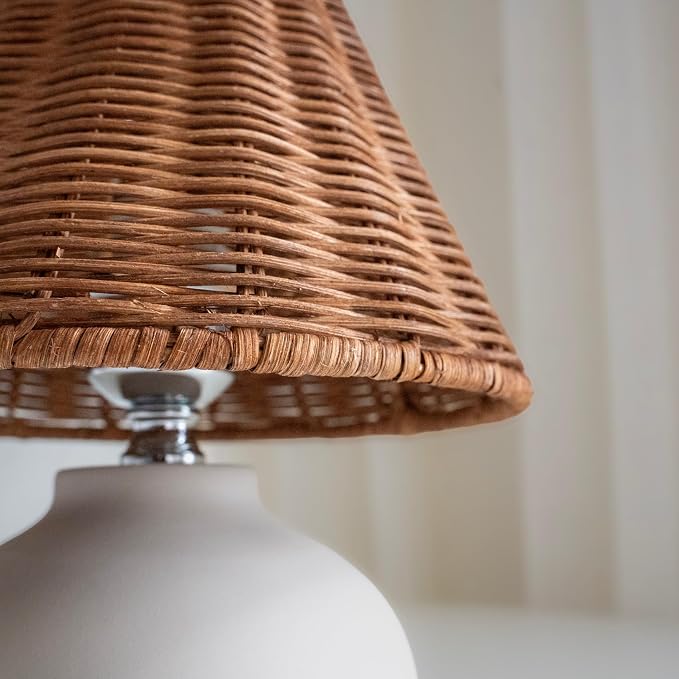 11" Small Table Lamp – Handmade Ceramic Cream Base with Wicker Rattan Shade, Dimmable Plug-in Nightstand Light for Bedroom, Kitchen Counter, or Small Spaces – Boho Japandi Organic Decor