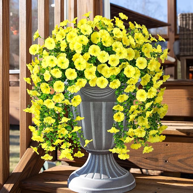 Ivydale 2 PCS Artificial Hanging Flowers Fake Plants Outdoor,Silk Morning Glory Faux Flowers with Eucalyptus Leaves,UV Resistant Realistic Hanging Petunias Plants for Home Garden Decor (Yellow)