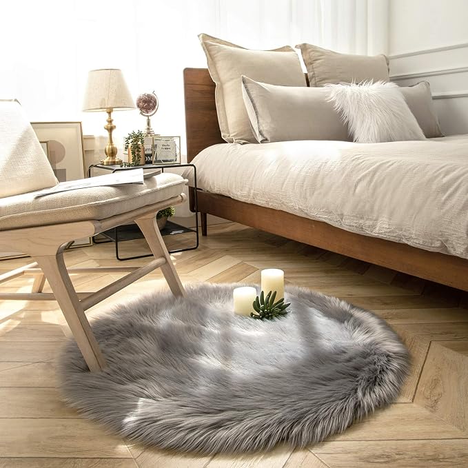 Ashler Faux Fur Rug, Fluffy Shaggy Area Rug Ultra Soft 3 x 3 Feet Round Fur, Grey Fuzzy Rug Machine Washable Shag Rug, Nursery Decor Throw Rugs for Bedroom, Kids Room, Living Room