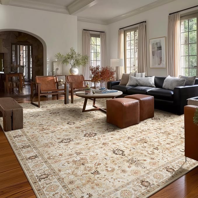 Washable Rugs for Living Room: 10x14 Area Rugs for Bedroom Ultra Soft Non-Slip Stain Resistant Vintage Boho Large Carpet for High-Traffic Dining Room - Farmhouse Decor