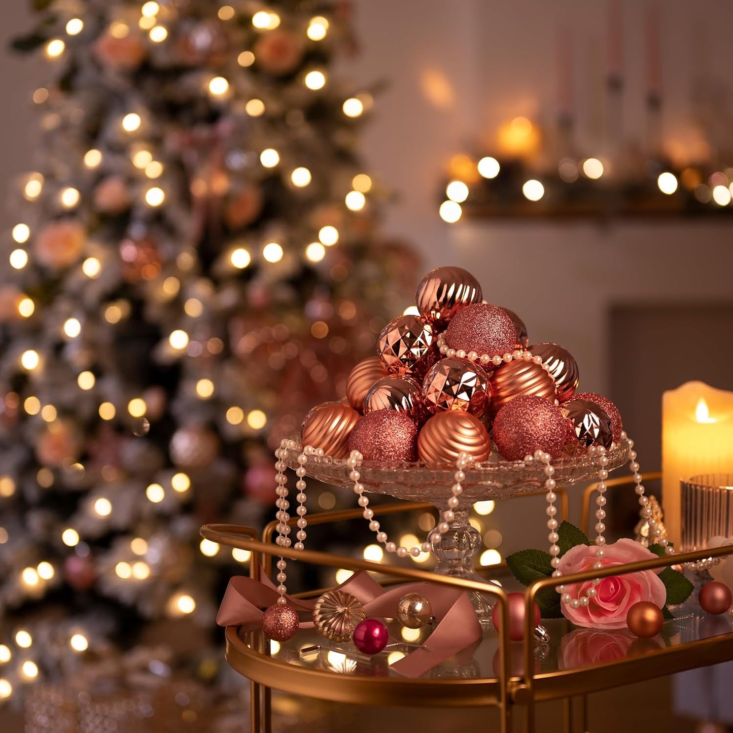 Valery Madelyn Christmas Ornaments Tree Decorations Set for Fall Halloween, 24ct Rose Gold Shatterproof Ball Ornaments, 2.36" Hanging Ornament Bulk for Xmas Holiday Party Decor