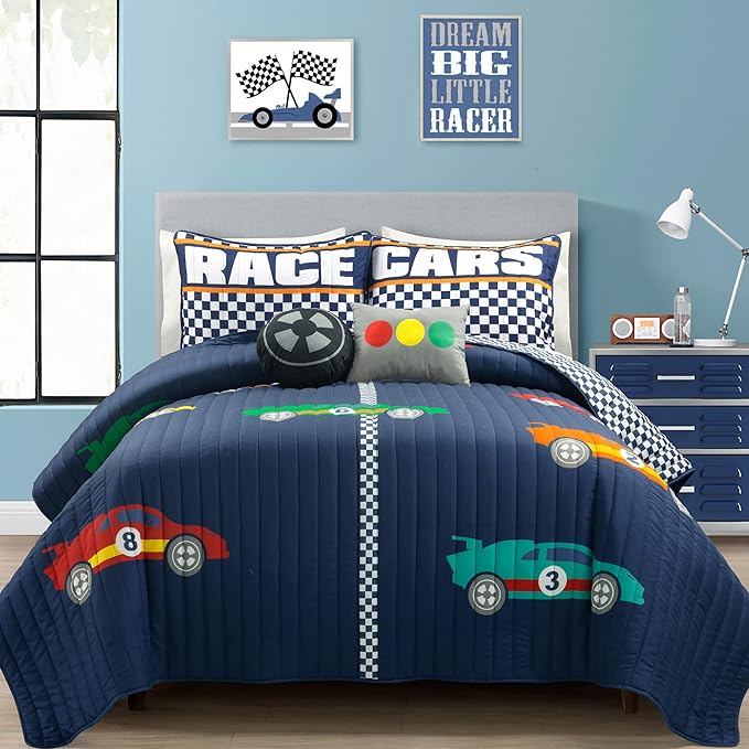 Lush Decor Racing Cars Reversible Quilt Queen Size 5 Piece Set Full/Queen Navy - Kids Bedding Set Queen Quilt - Car Decor