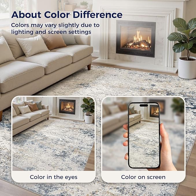 Area Rug Living Room Rugs - 9x12 Abstract Large Soft Indoor Washable Rug Neutral Modern Low Pile Carpet for Bedroom Dining Room Farmhouse Home Office - Beige Blue