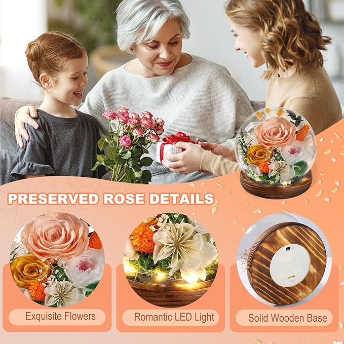FIACO Gifts for Mom Birthday Gifts for Women Preserved Flowers in Glass Dome Long-Lasting Eternal Fresh Roses Mothers Day for Her Grandma Wife Daughter Girlfriend Forever Flowers for Delivery Prime