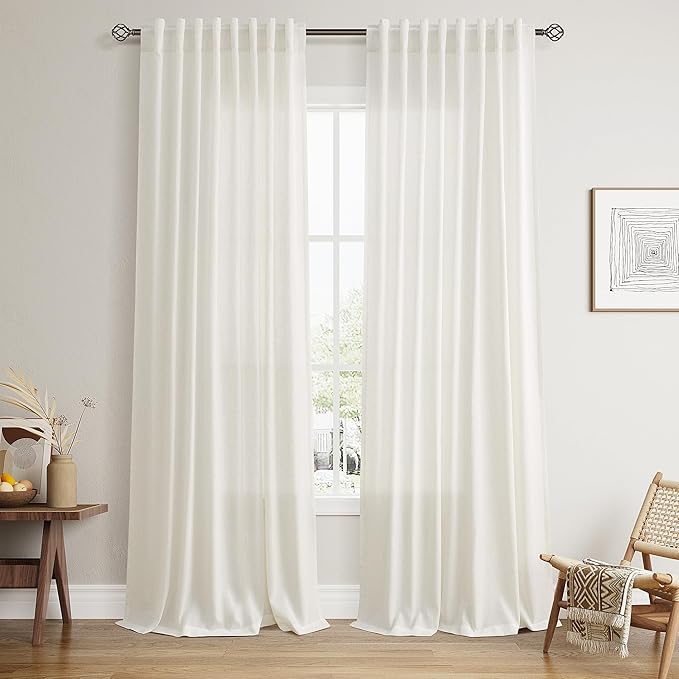 Nanspring Extra Long Linen Curtains 108 Inch Length for Living Room 2 Panels Set Rod Pocket Back Tab Natural Linen Textured Drapes Semi Sheer Light Filtering for Bedroom Boho Cream W60 x L108