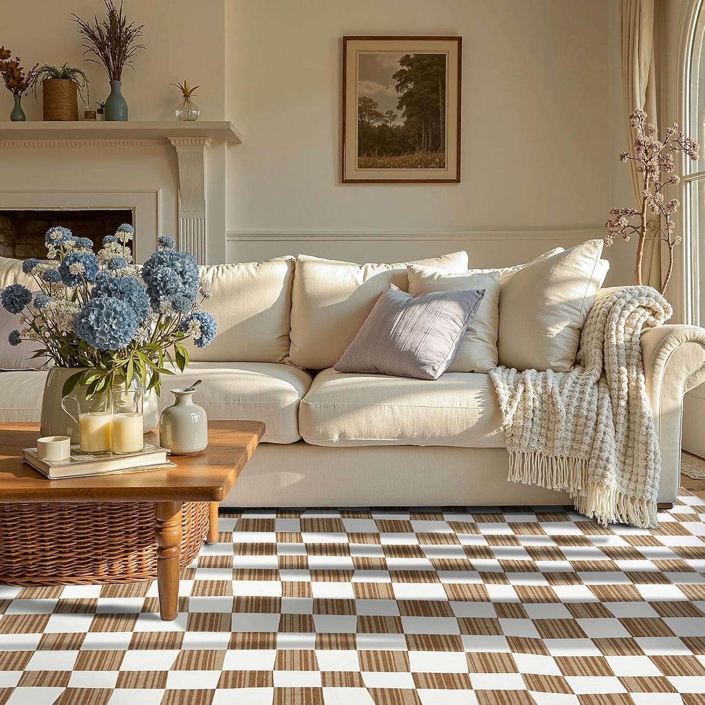 jinchan 6x9 Brown Checkered Area Rugs for Kids Room - Machine Washable Rug Modern Neutral Geometric Lattice Soft Non-Slip Carpet for Nursery Playroom Classroom Living Room Bedroom Home Office