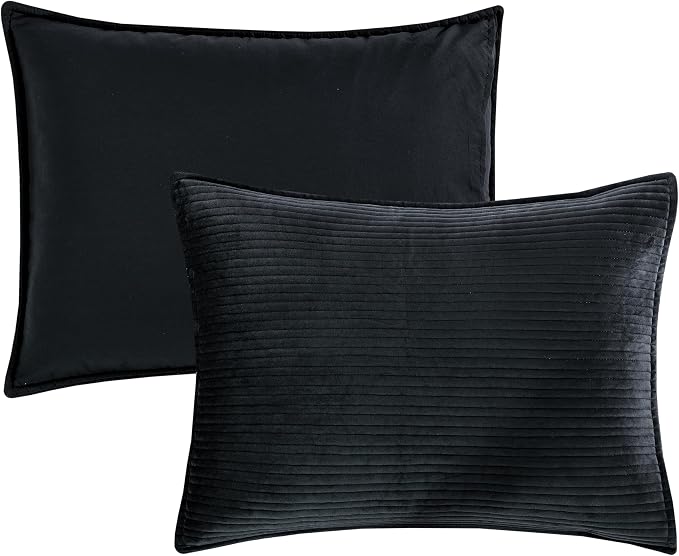 Elegant Comfort Luxury 3-Piece Velvet Corduroy Stripe Quilt Set, Ultra Soft Bedspread - Cozy Velvet Coverlet Set - 3PC Medium Weight Quilted Set with Matching Pillow Shams, Queen, Black