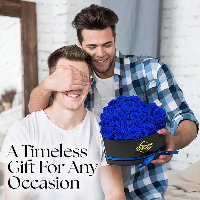 GLAMOUR BOUTIQUE 27 Flower Forever Heart Shape Box, Eternal Preserved Roses Gift for Her, Lasting Flowers, Premium Floral Heart Box for Birthday, Anniversary or Valentine’s Day, Blue (Color-Treated)