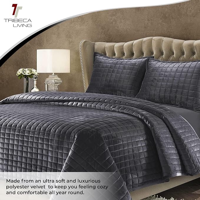 Tribeca Living Luxury Velvet Quilt King Size Set - 260GSM Ultra-Soft Oversized Velvet Bedspread Comforter Set with 2 Shams, in Florence Smoke Grey