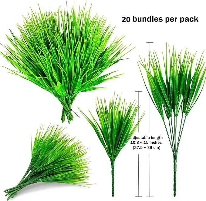 AXYLEX Artificial Monkey Grass Outdoor Shrubs - 20 Bundles Fake Plants UV Resistant No Fade Faux Plastic Greenery Home Garden Porch Patio Decoration Office Indoor (Green Grass)